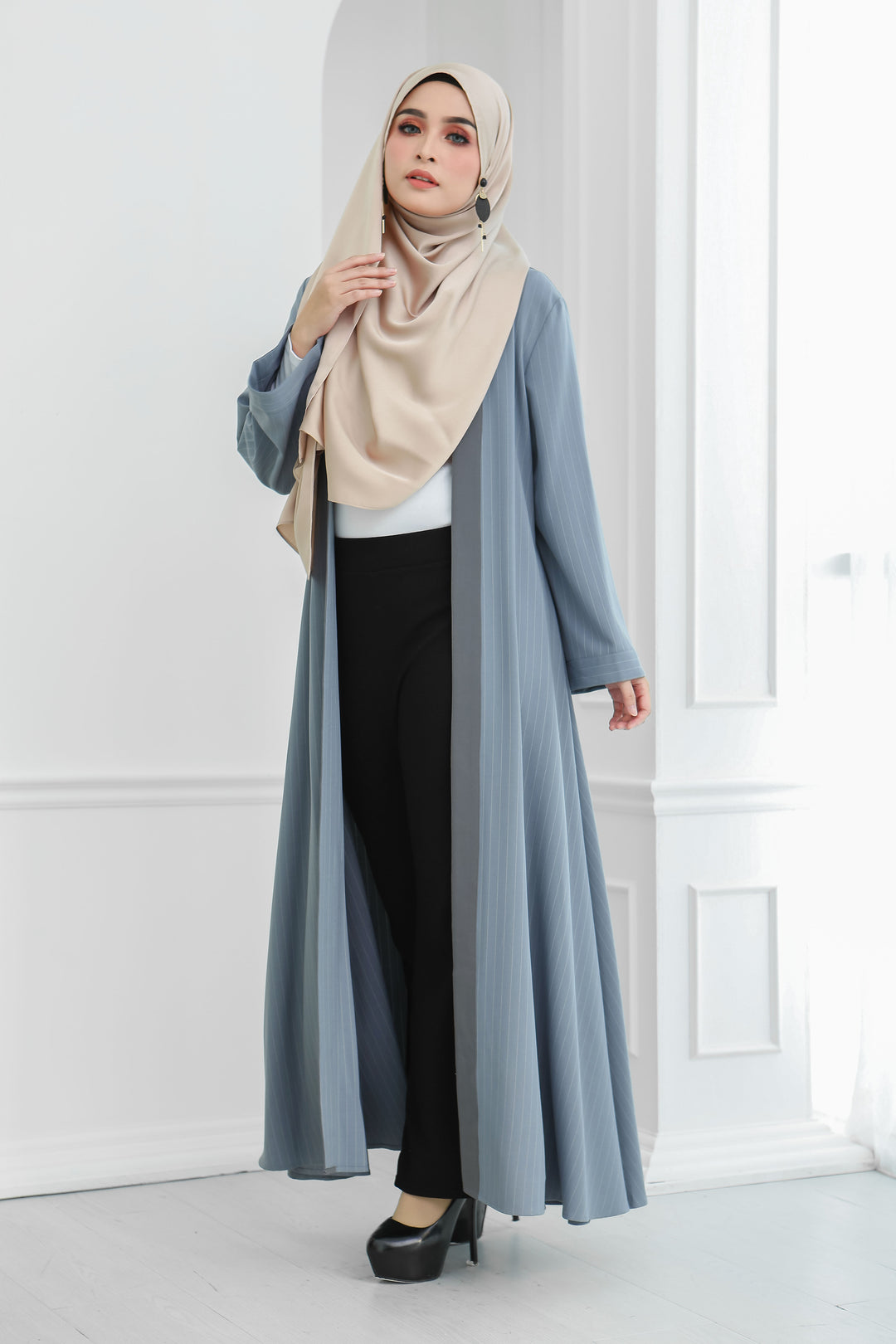 Stripe Long Cardi (Bluish Grey)