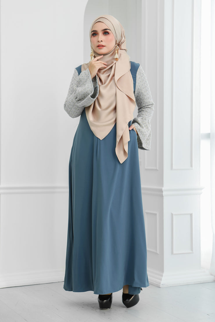Tweed Ruffle Sleeves Dress (Bluish Grey)