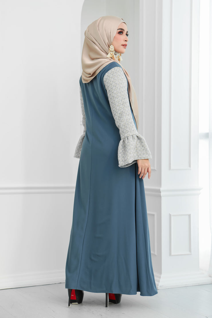 Tweed Ruffle Sleeves Dress (Bluish Grey)