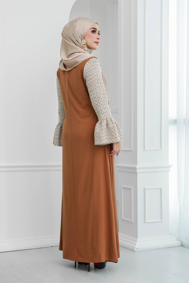 Tweed Ruffle Sleeves Dress (Chestnut Brown)