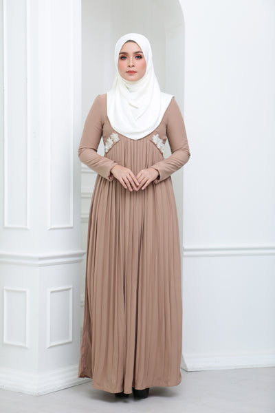 Floral Pleated Dress (Toffee Nut)