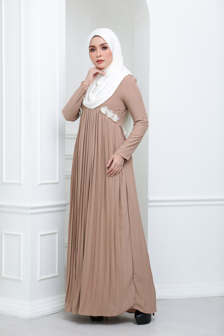 Floral Pleated Dress (Toffee Nut)